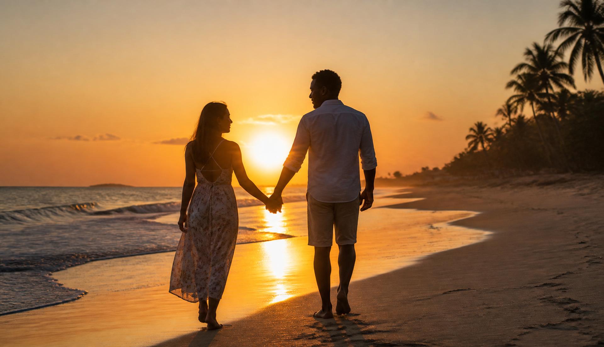Couple walking on the beach at sunset